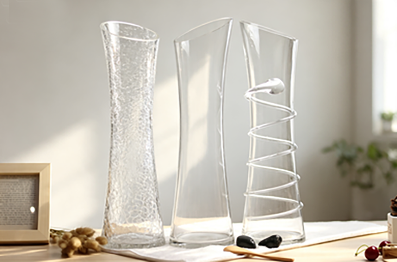Multi-Style & Size Glass Vase Collection | Slanted Rim, Crackle Texture & Coiled Spiral Accent Floral & Centerpiece Decor - 图片 5