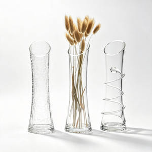 Multi-Style & Size Glass Vase Collection | Slanted Rim, Crackle Texture & Coiled Spiral Accent Floral & Centerpiece Decor