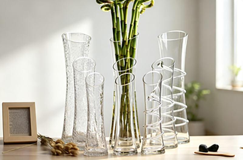Multi-Style & Size Glass Vase Collection | Slanted Rim, Crackle Texture & Coiled Spiral Accent Floral & Centerpiece Decor - 图片 3