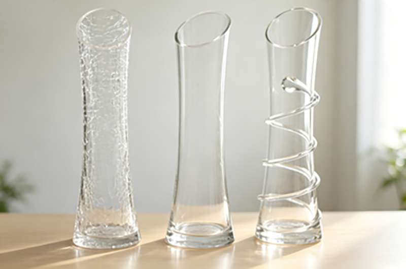 Multi-Style & Size Glass Vase Collection | Slanted Rim, Crackle Texture & Coiled Spiral Accent Floral & Centerpiece Decor - 图片 4