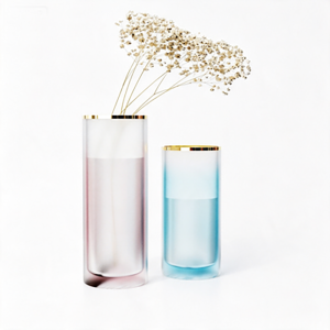 Handmade Gradient Frosted Glass Vase with Gold Rim | Modern Luxury Cylinder Straight Tube Floral & Centerpiece Decor
