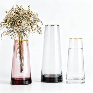Handmade Gold Rim T-Shape Colored Glass Vase | Modern Luxury Trapezoid Floral & Centerpiece Decor