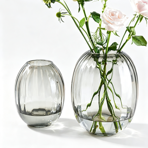 DTELM Artisan Hand-Blown Smoky Grey Fluted Glass Vase | Modern Ribbed Stripe Decorative Centerpiece for B2B Wholesale
