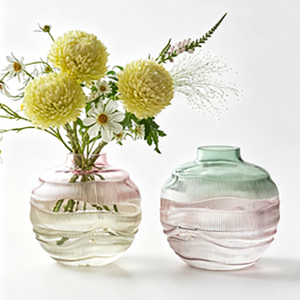 DTELM Artisan Handmade Two-Tone Gradient Glass Vase | Spherical Fluted Striped Modern Floral & Centerpiece Decor