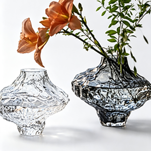 DTELM Artisan Hand-Blown Grand Canyon Glass Vase | Abstract Flying Saucer & Ice-Crackle Texture Centerpiece