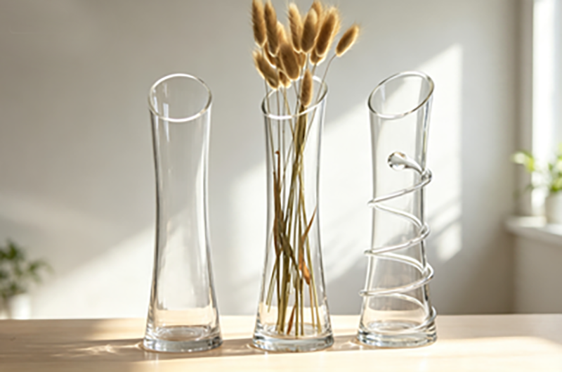Multi-Style & Size Glass Vase Collection | Slanted Rim, Crackle Texture & Coiled Spiral Accent Floral & Centerpiece Decor - 图片 6